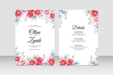 Beautiful weddig card template with roses flowers watercolor