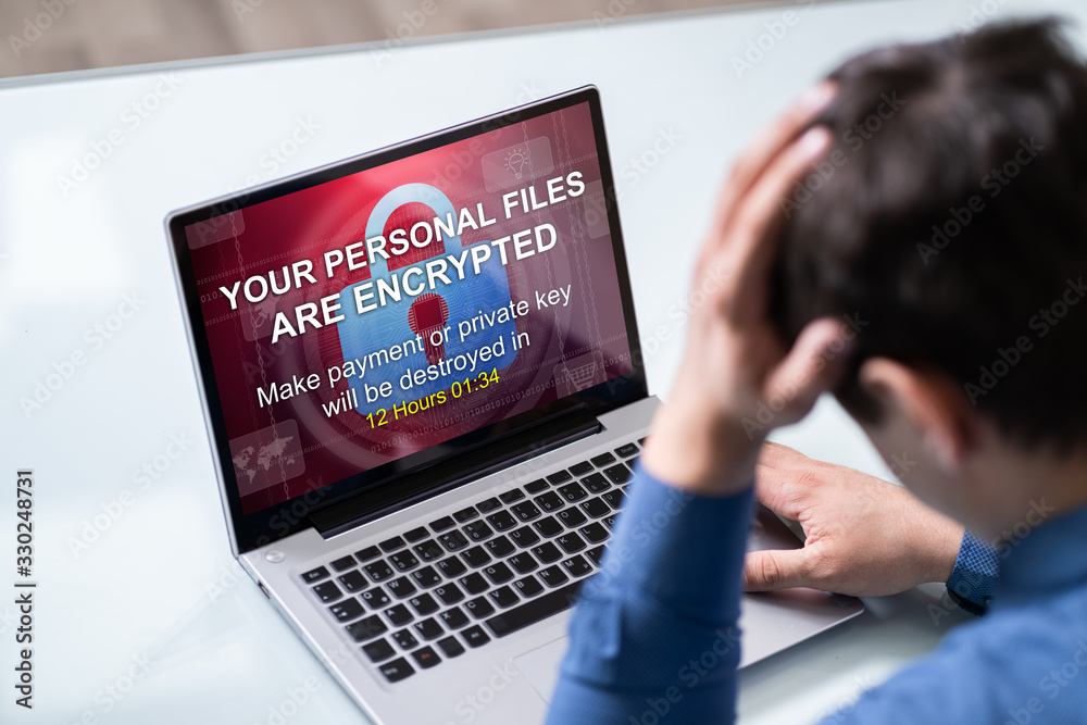 Poster looking at laptop screen showing personal files encrypted text