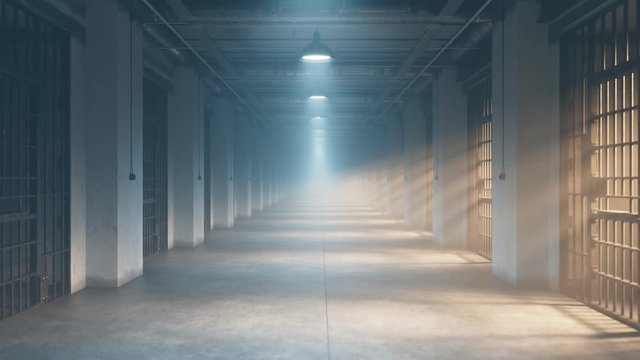 Loopable animation of jail corridor. Inspiring Lighting. Endless walk. Fog 4k HD