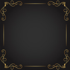 Vintage floral ornament border, Hand drawn decorative element, vector illustration of gold floral frame with black background, Retro design template for page decoration cards, wedding, banner