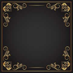 Vintage floral ornament border, Hand drawn decorative element, vector illustration of gold floral frame with black background, Retro design template for page decoration cards, wedding, banner