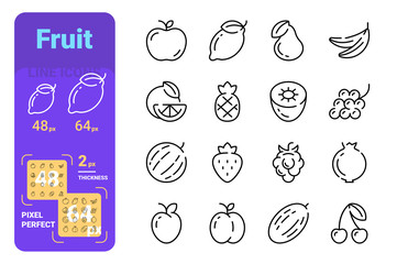 Set fruit simple lines icons of fresh products.