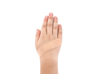 Adhesive bandage on a child's hand isolated on white background with copy space.