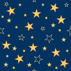 Seamless pattern of golden stars of various size on a blue background