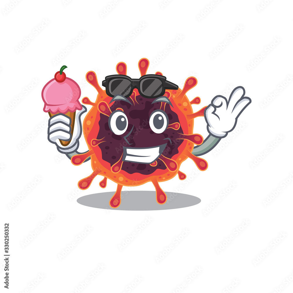 Poster cartoon character of corona virus zone holding an ice cream