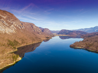 Mountain lake. Lake Bohinj in early spring. Triglav national park. Beautiful spring nature of Slovenia, Europe