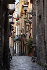 A narrow cobblestone-paved alleyway in Italy