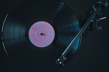 Turntable tonearm play vinyl record. Spinning gramophone record