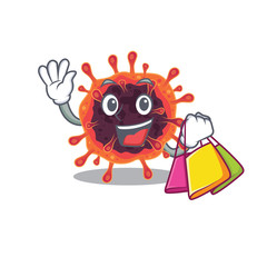 Happy rich corona virus zone mascot design waving and holding Shopping bag