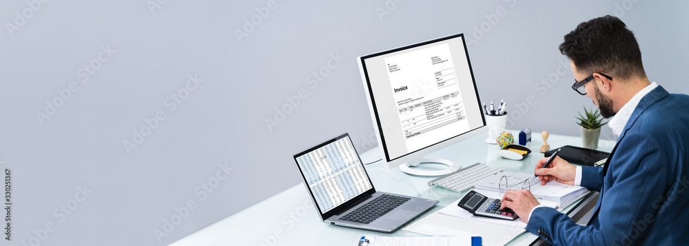 Poster accountant making invoice on computer