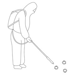 The specialist disinfects the air from the coronavirus infection COVID-19. Sketch. Vector illustration. Outline on an isolated background. Coloring book. Disinfector in mask and protective suit.