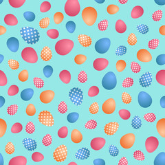 Easter vector seamless pattern with colorful eggs on blue backround. Festive, bright stock illustration for wrapping paper, scrapbooking, background, wallpaper, invitations and greeting cards.