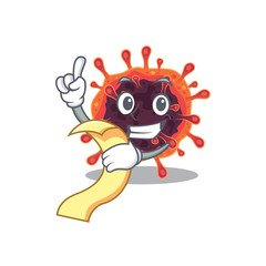 cartoon character of corona virus zone holding menu ready to serve