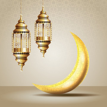 ramadan kareem celebration with lanterns hanging and moon