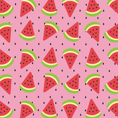 Tropical fruit pattern.Seamless red watermelon slice with seed isolated on light pink background.Design for print screen backdrop ,Fabric and tile wallpaper.Summer concept.