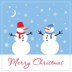 Two snowmen, Merry Christmas greeting card for your friends. Vector illustration