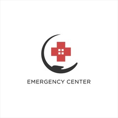 Obraz premium Medical Care Assistance Logo . Creative Health Center Design with Cross and Hand Symbol for Healthcare and Pharmacy