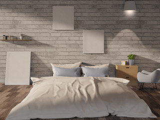 Clean style white Bedroom interior with blank picture frames mockup. 3D Rendering.