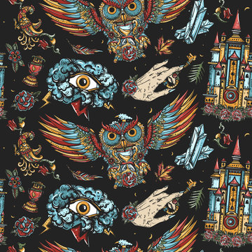 Medieval seamless pattern. Middle ages background. Gothic fairy tale art. Magic owl, holy grail, all seeing eye and sacred alchemy hands