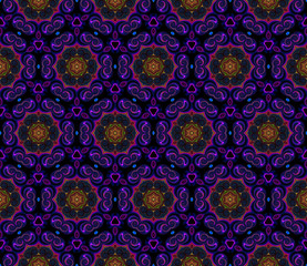 Abstract bright kaleidoscope symmetric pattern on a black background.