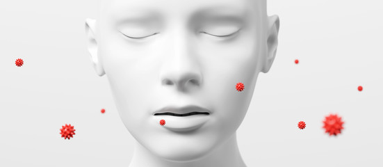 dummy’s face with virus-floating models, 3d render image