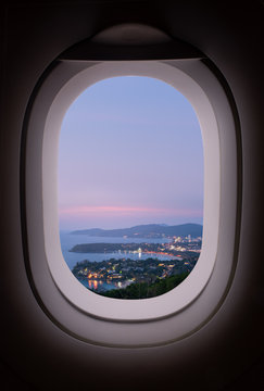 Kata Beach And Karon Beach Viewpoint In Twilight Time And Night Light City View, View In Window Plane