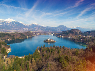 Panoramic view of Bled Lake in early spring on a sunny day. View from above. Slovenia, Europe