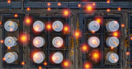Aerial view gas storage sphere tank, Natural gas tank storage at night, Business oil and gas...