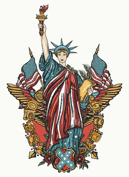 United States of America. Statue of liberty, golden eagle,crossed flags. Patriotic art. Old school tattoo style. History and culture. Traditional USA concept