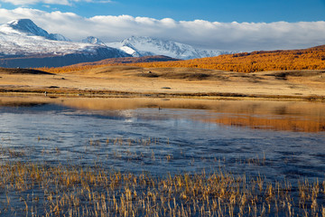 Mongolia mountains and lake in autumn