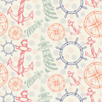 Anchor, steering wheel, compass and lighthouse. Seamless pattern. Packing old paper, scrapbooking style. Vintage background. Medieval manuscript, engraving art. Symbols of adventure voyage, tourism