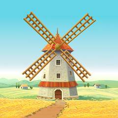 Mill on a sunny field. Wooden Mill. Wheat field. Vector illustration © Oleg