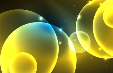 Neon shiny transparent glowing circles with light effects. Techno futuristic vector abstract background For Wallpaper, Banner, Background, Card, Book Illustration, landing page