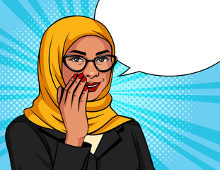 Vector color illustration in pop art style. Muslim woman in a traditional scarf and glasses is whispering. Arabic successful business woman over dot background is telling a secret information