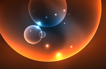 Neon shiny transparent glowing circles with light effects. Techno futuristic vector abstract background For Wallpaper, Banner, Background, Card, Book Illustration, landing page