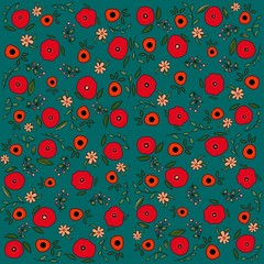 Red flowers background, painted poppies blue background. Floral doodle sketch for wrapping paper, greeting cards, covers and bannery.