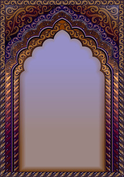 Indian ornamental arch. A4 format, text box, colors purple and gold.