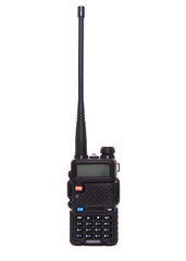 black portable radio transceiver isolated on white background, front view