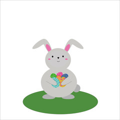 Vector illustration of a drawn rabbit holding Easter eggs in a clearing.For children design.Vector decor element for t-shirt design for children, postcards