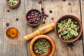 Dried hawthorn in herbal medicine.