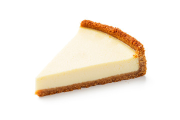 Slice of classic cheesecake  isolated on white background.