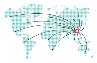 Map of the world and the spread of the virus. Flat vector illustration isolated on white background.