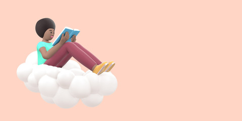Literature fan a young african girl in the sky on a cloud is reading a book. Funny, abstract cartoon people on beige. 3D rendering.