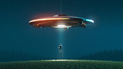 Alien invasion Circular silhouette of the shiny flying saucer over the meadow. - Powered by Adobe