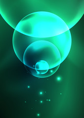 Glowing neon shiny transparent bubbles, glass circles or bio cell concept. Techno futuristic vector abstract background For Wallpaper, Banner, Background, Card, Book Illustration, landing page