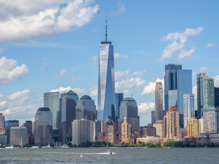New York, NY, USA. Amazing skyline of Manhattan skyscrapers and buildings from Ellis Island....