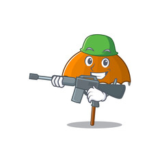 A picture of orange umbrella as an Army with machine gun