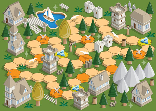 Board game on a medieval theme. Isometric. Vector illustration.