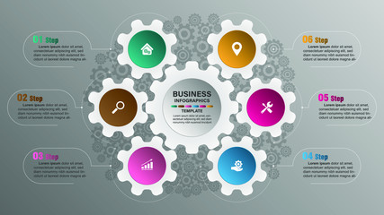 Gear chart infographic template with 6 options for presentations.