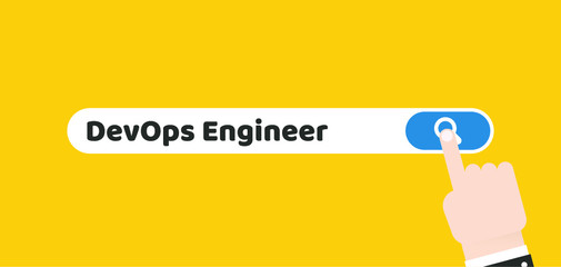 DevOps Engineer. Search bar vector element design on violet background. Concept search better candidate for open position. We are hiring, hr. Job offer. Wanted employee, staff. Recruitment.